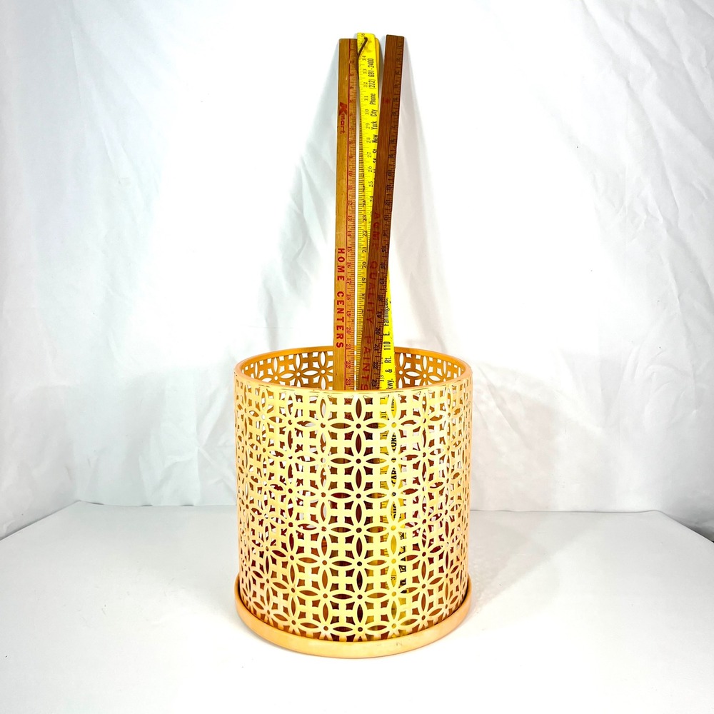 Vintage orange Metal Basket Cutout Vase Decorative Openwork Geometric Design MCM